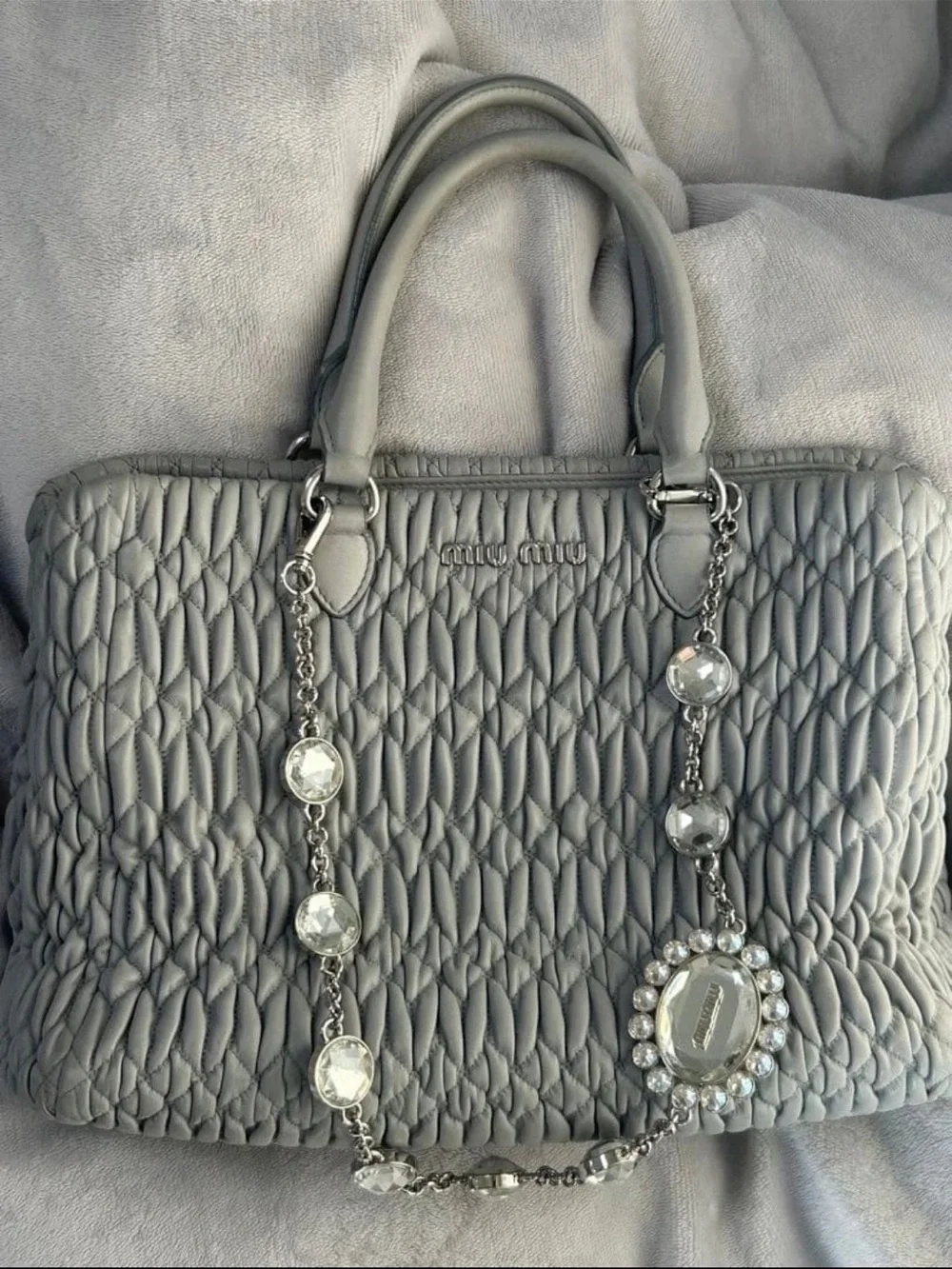 Miu Miu Quilted Gray Ruched Leather Satchel with Crystal Chain